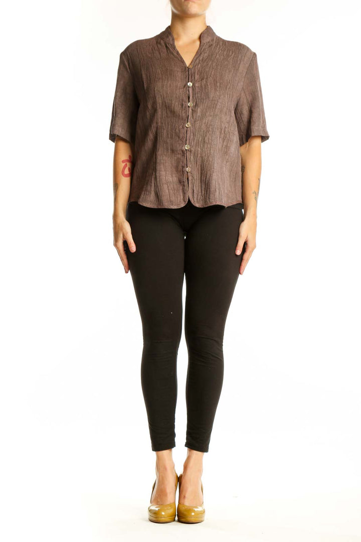 LINTICO Brown Lyocell Ramie Button-Up Short Sleeve Shirt front view on model