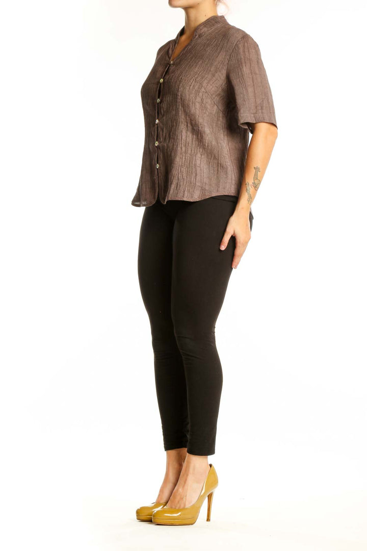LINTICO Brown Lyocell Ramie Button-Up Short Sleeve Shirt front view on model