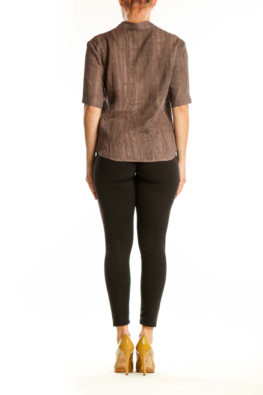 LINTICO Brown Lyocell Ramie Button-Up Short Sleeve Shirt back view on model
