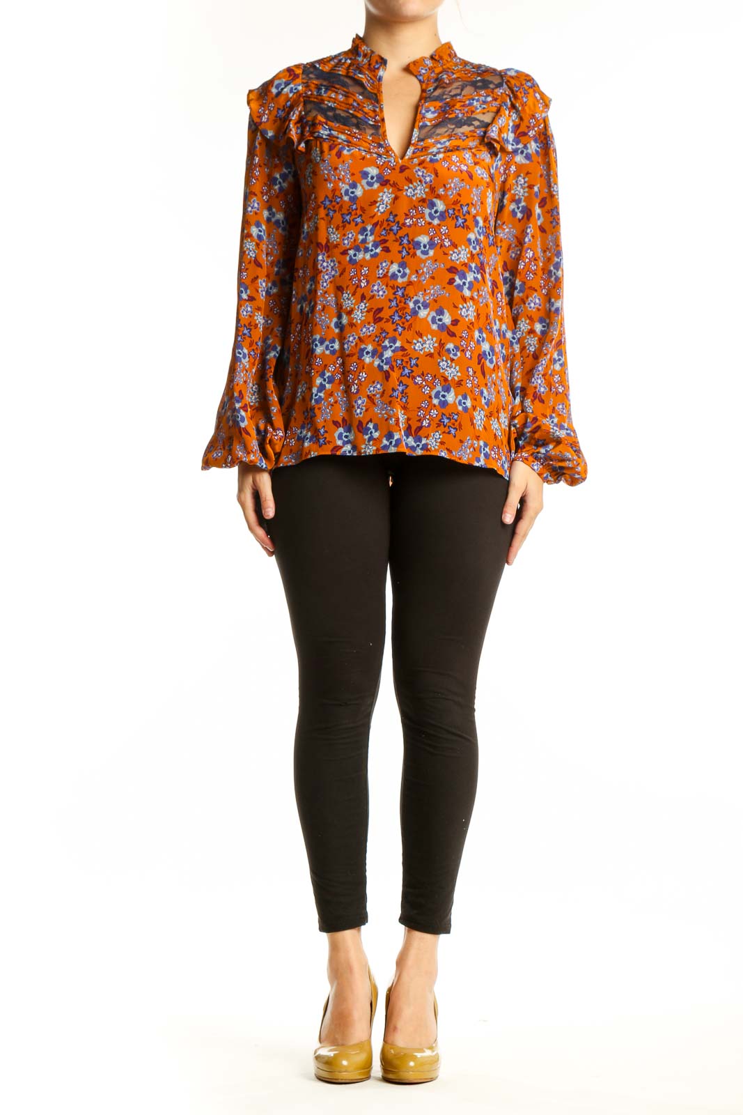 Orange floral viscose blouse with ruched shoulders, bell sleeves, and keyhole neckline by Gilner Farrar