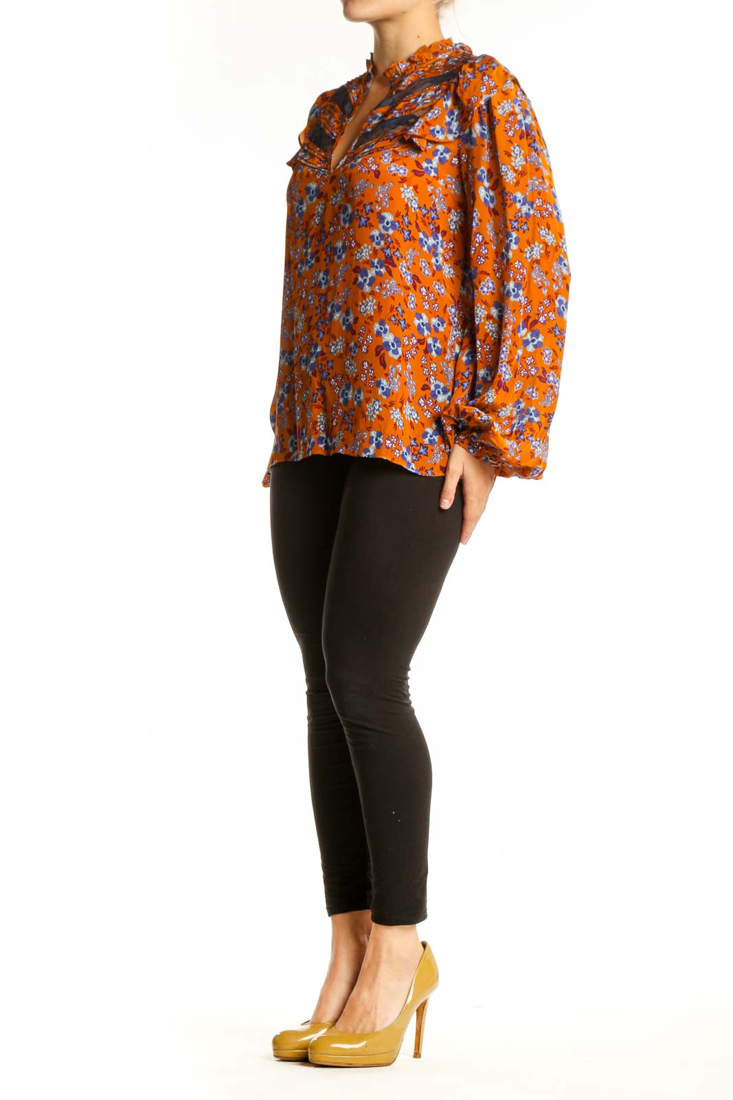 Orange floral viscose blouse with ruched shoulders, bell sleeves, and keyhole neckline by Gilner Farrar
