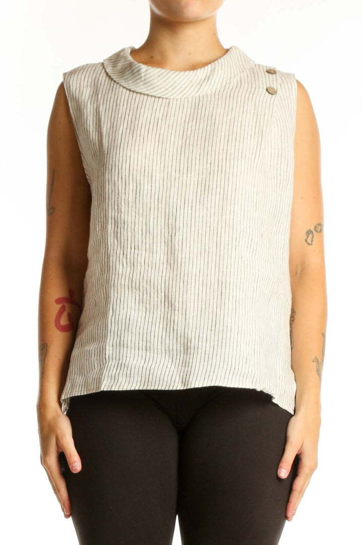 Cream linen ribbed sleeveless tank top with button shoulder details, front view