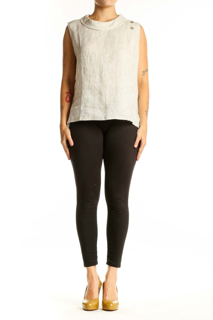 Cream linen ribbed sleeveless tank top with button shoulder details, front view
