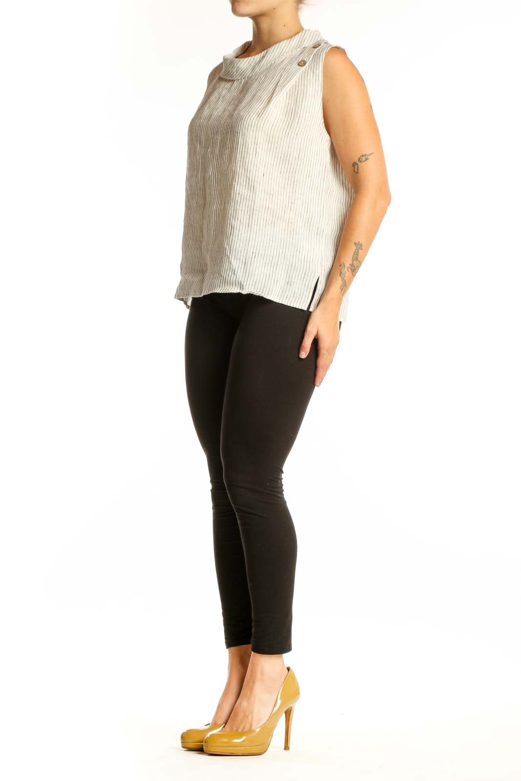 Cream linen ribbed sleeveless tank top with button shoulder details, front view