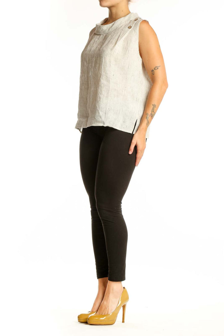 Cream linen ribbed sleeveless tank top with button shoulder details, front view