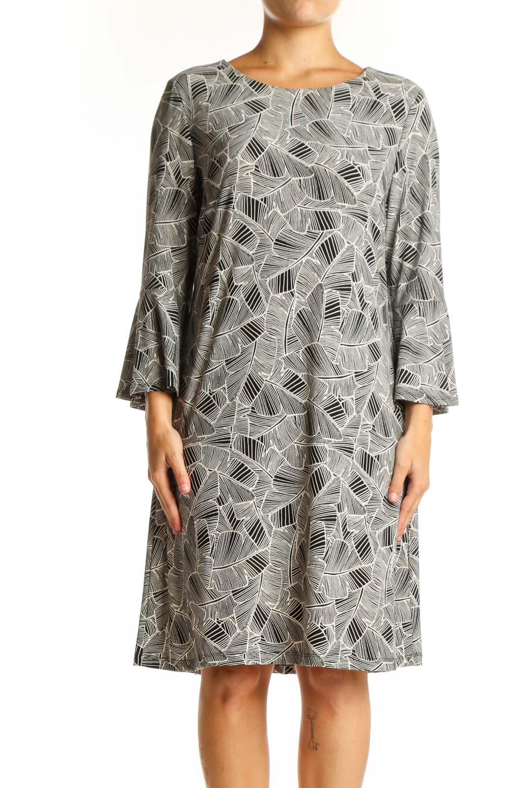 Tommy Hilfiger gray geometric print shift dress with bell sleeves, front view on model