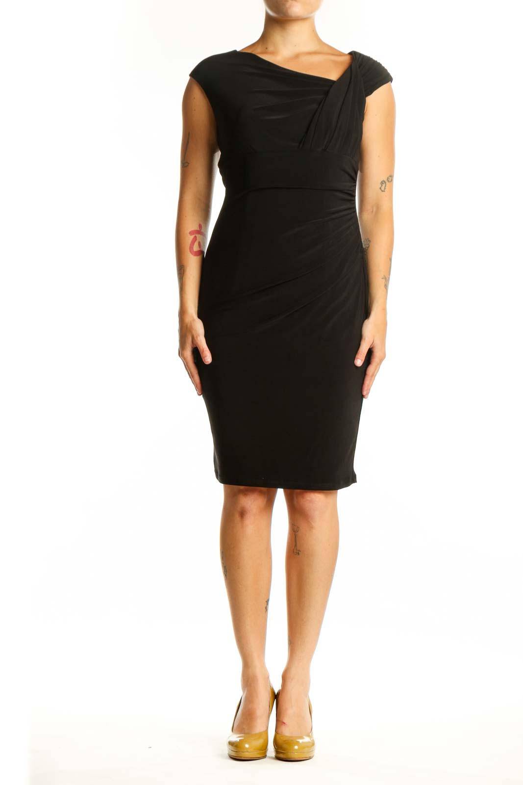 Black ruched cap sleeve cocktail dress with asymmetrical neckline, front view