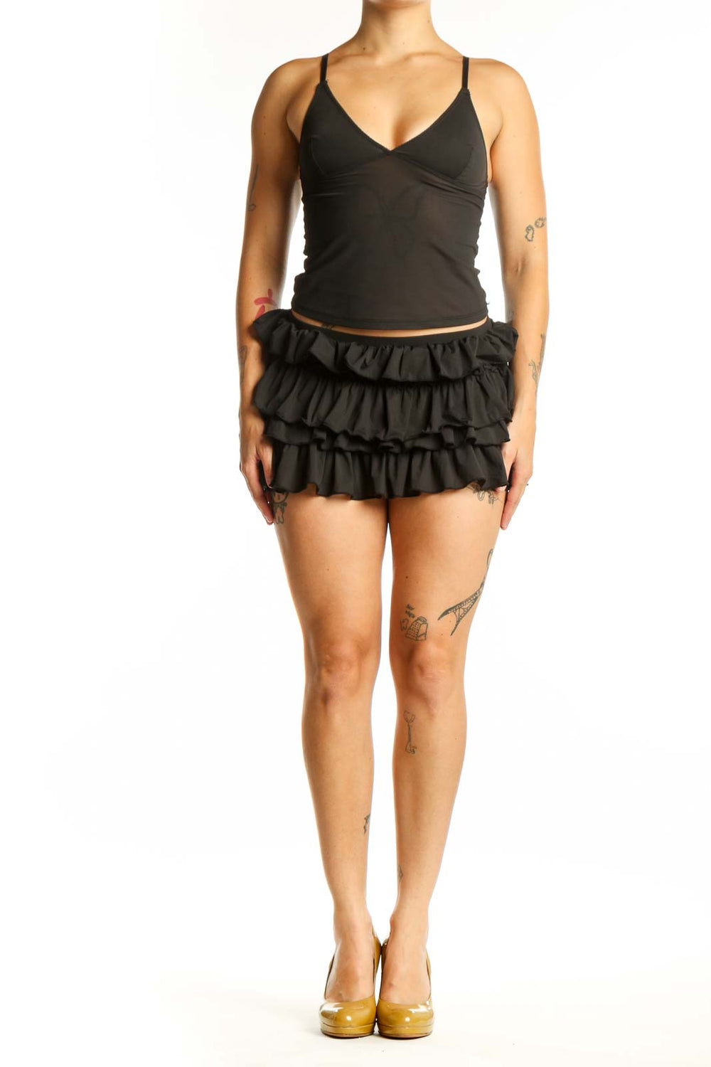 Black ruffle mini shorts with tiered ruffled detailing, high-waisted fit, front view