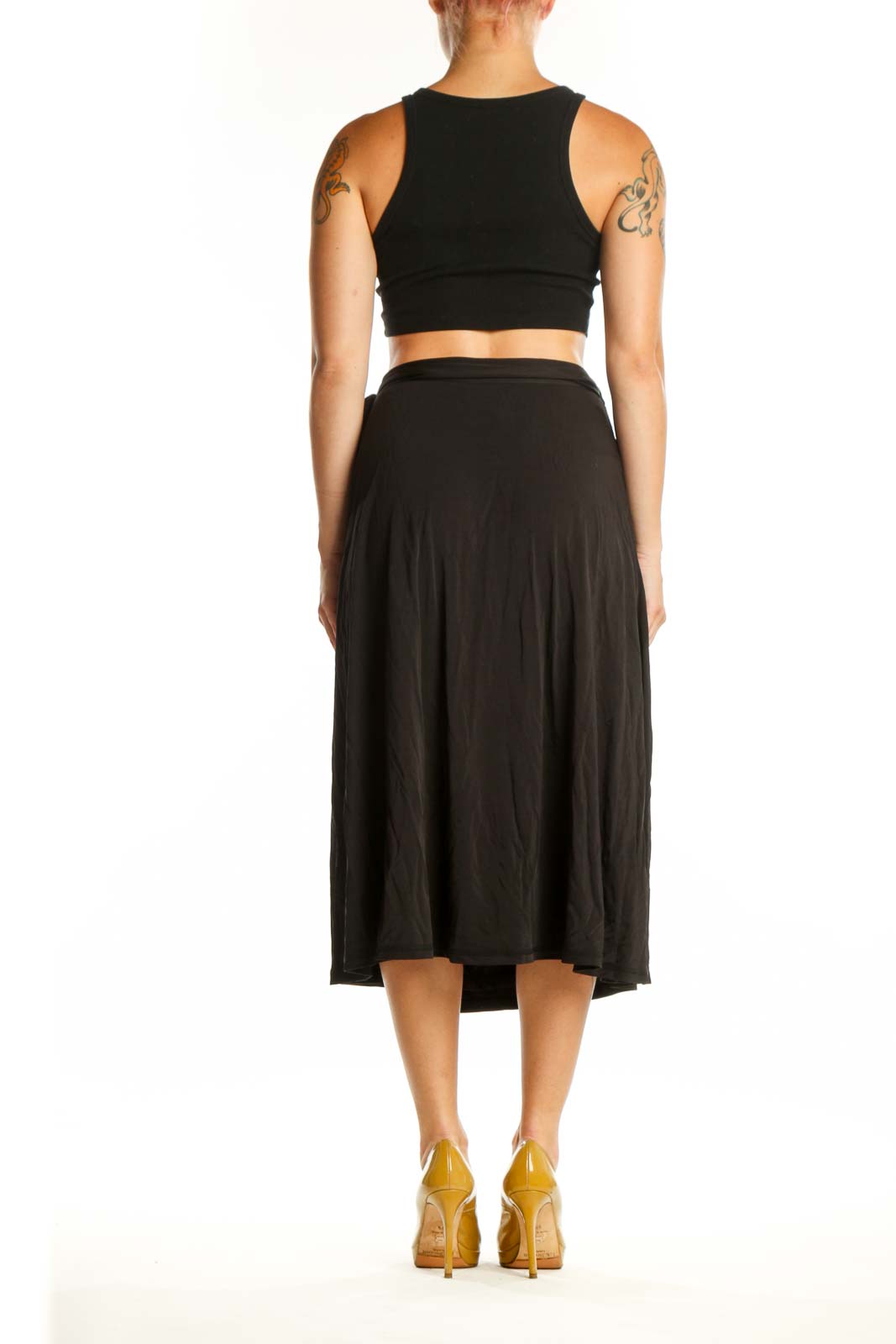 Black wrap midi skirt with tie detail and A-line silhouette by MB by Malene Birger, back view