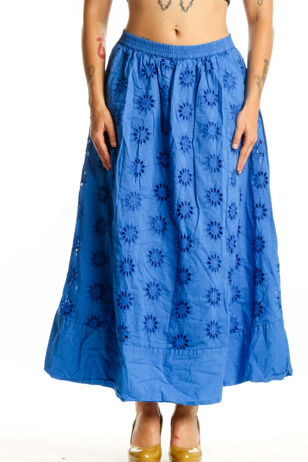 Blue floral print cotton maxi skirt with A-line silhouette and elastic waistband, front view