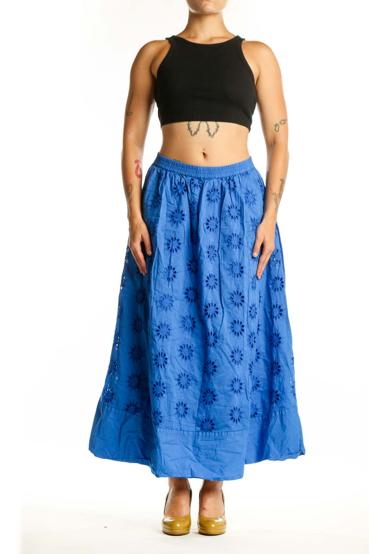 Blue floral print cotton maxi skirt with A-line silhouette and elastic waistband, front view