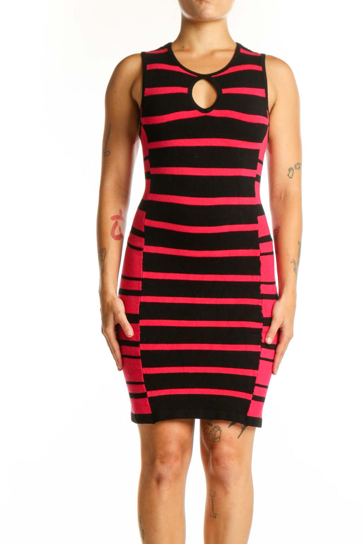 Red and black striped Bebe knit dress with keyhole neckline and fitted silhouette, front view