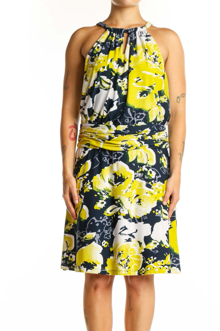 Yellow and navy floral halter neck dress with gathered waist by BCBG MaxAzria, front view