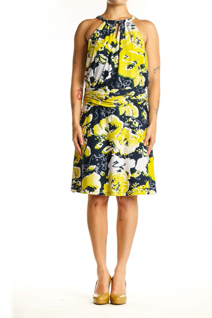 Yellow and navy floral halter neck dress with gathered waist by BCBG MaxAzria, front view