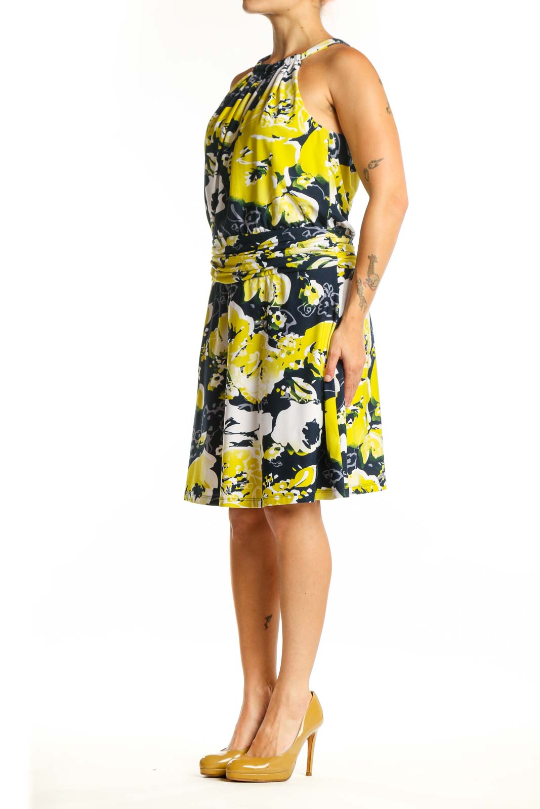 Yellow and navy floral halter neck dress with gathered waist by BCBG MaxAzria, front view