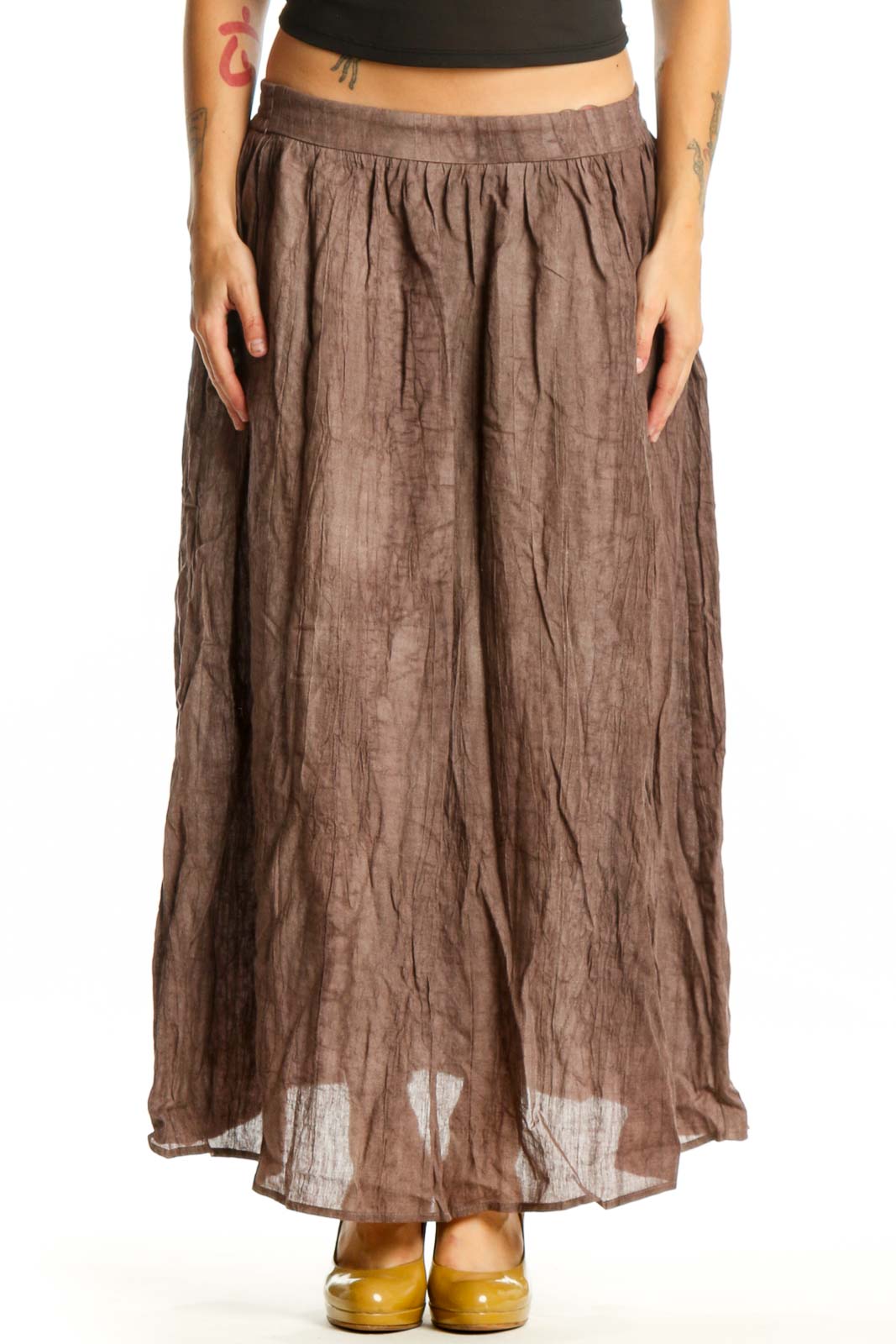 LINTICO brown Lyocell Ramie maxi skirt with A-line silhouette and elastic waistband, front view