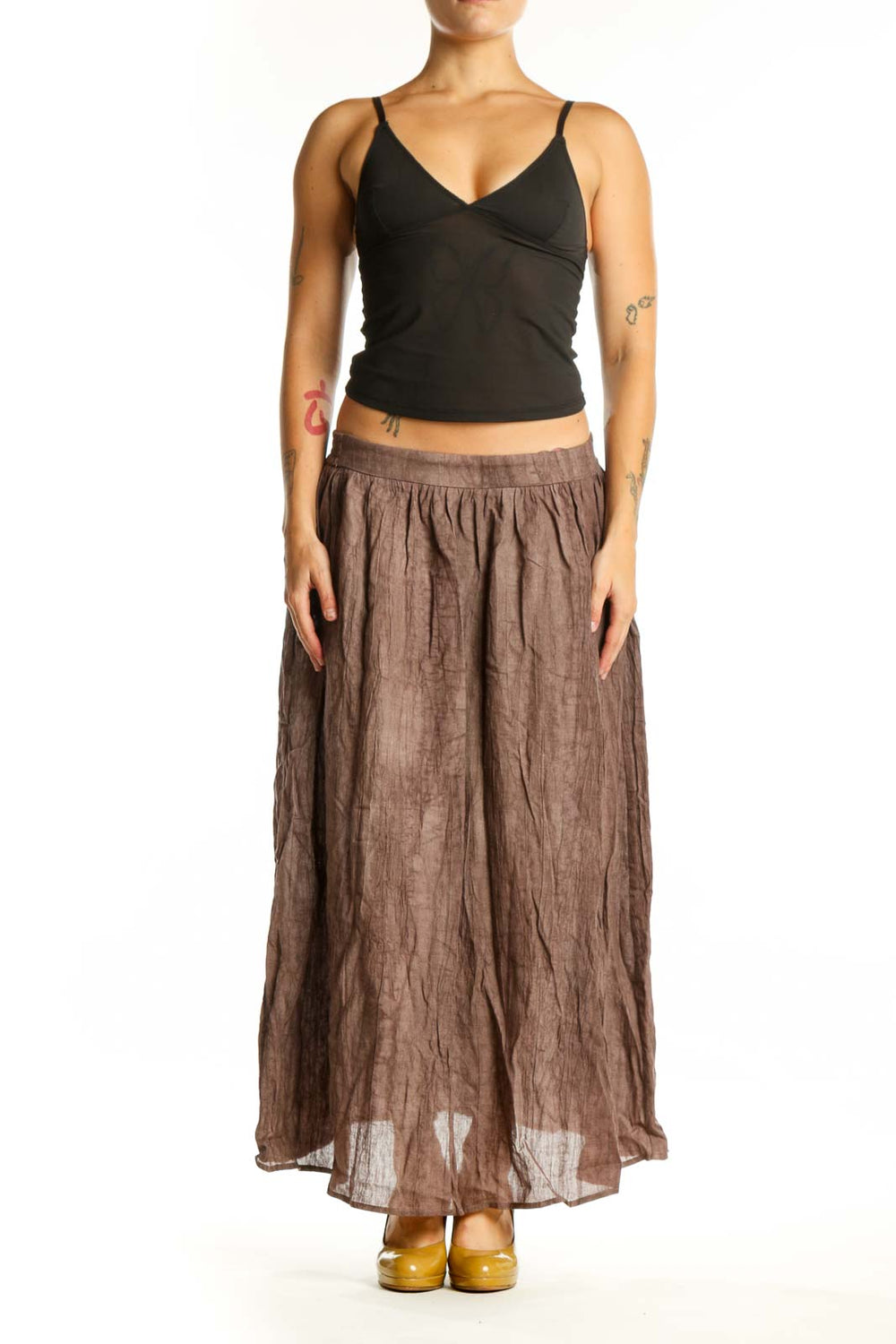 LINTICO brown Lyocell Ramie maxi skirt with A-line silhouette and elastic waistband, front view