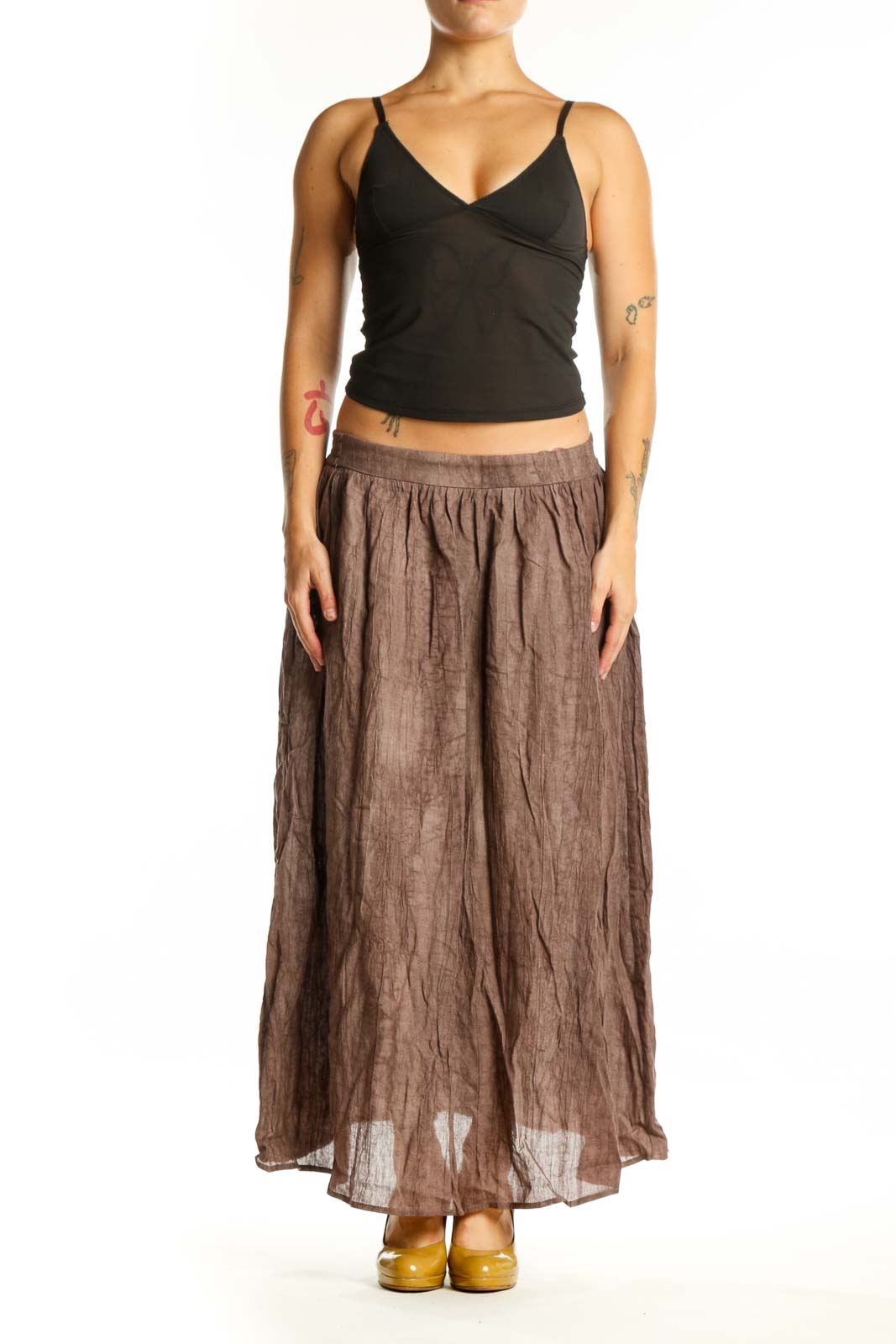 LINTICO brown Lyocell Ramie maxi skirt with A-line silhouette and elastic waistband, front view