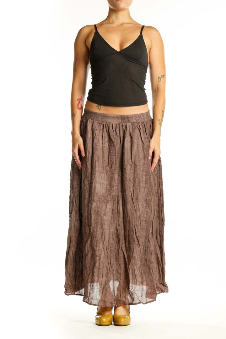 LINTICO brown Lyocell Ramie maxi skirt with A-line silhouette and elastic waistband, front view