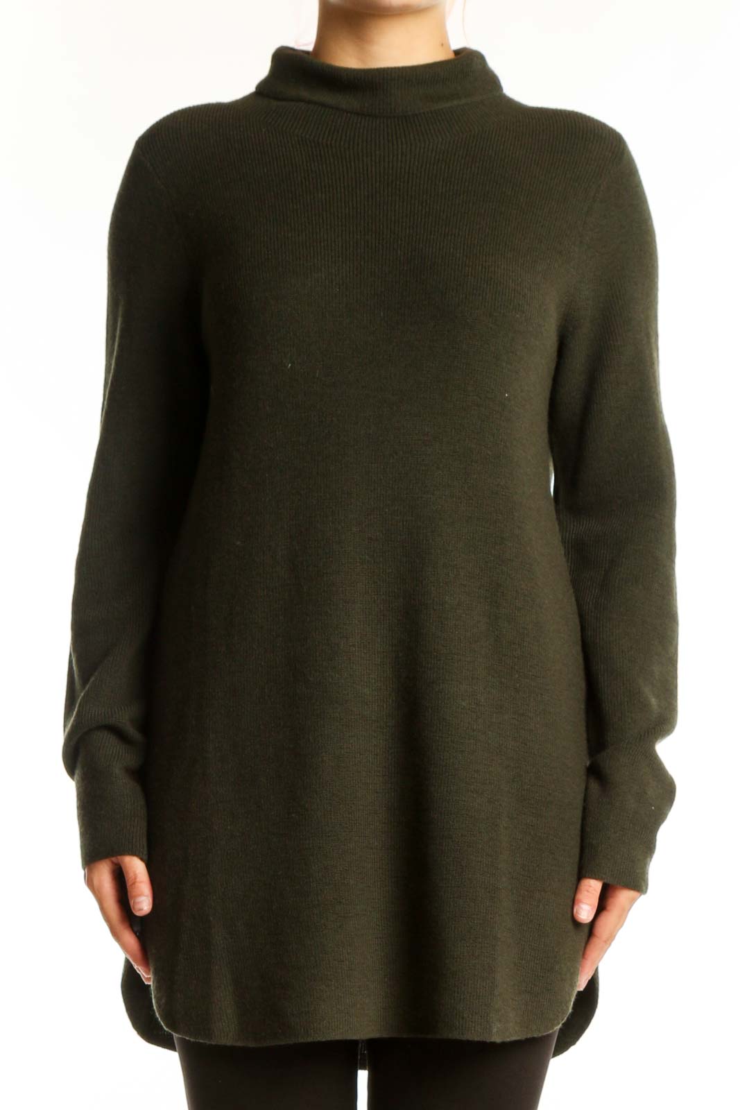 Olive green extra fine merino wool turtleneck sweater with oversized fit, front view