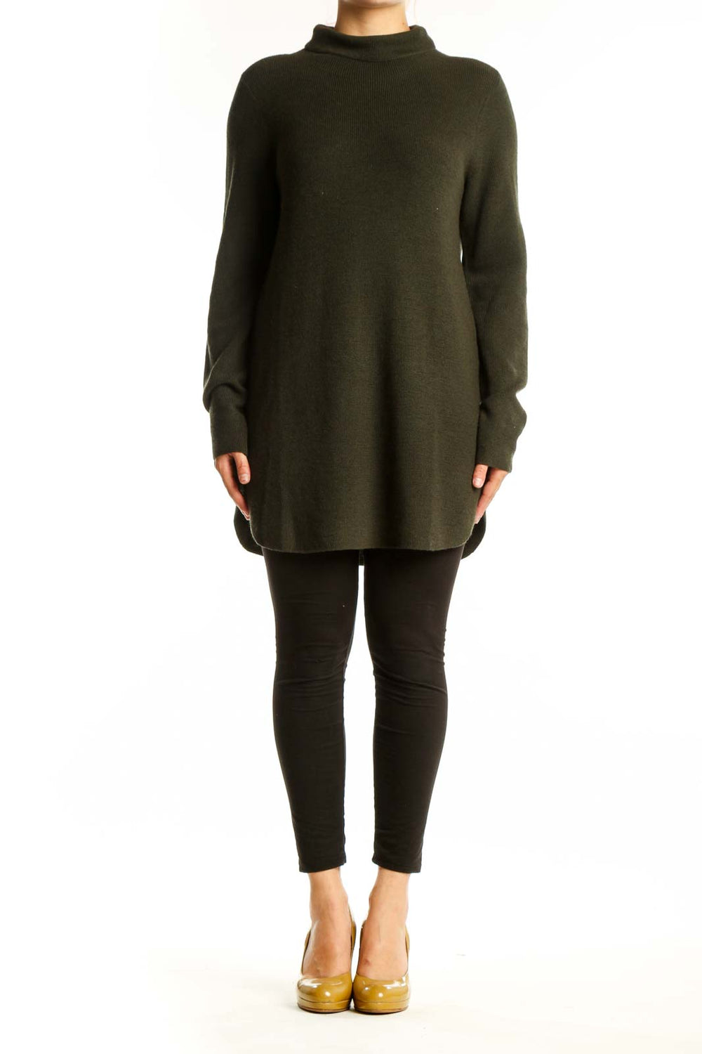 Olive green extra fine merino wool turtleneck sweater with oversized fit, front view