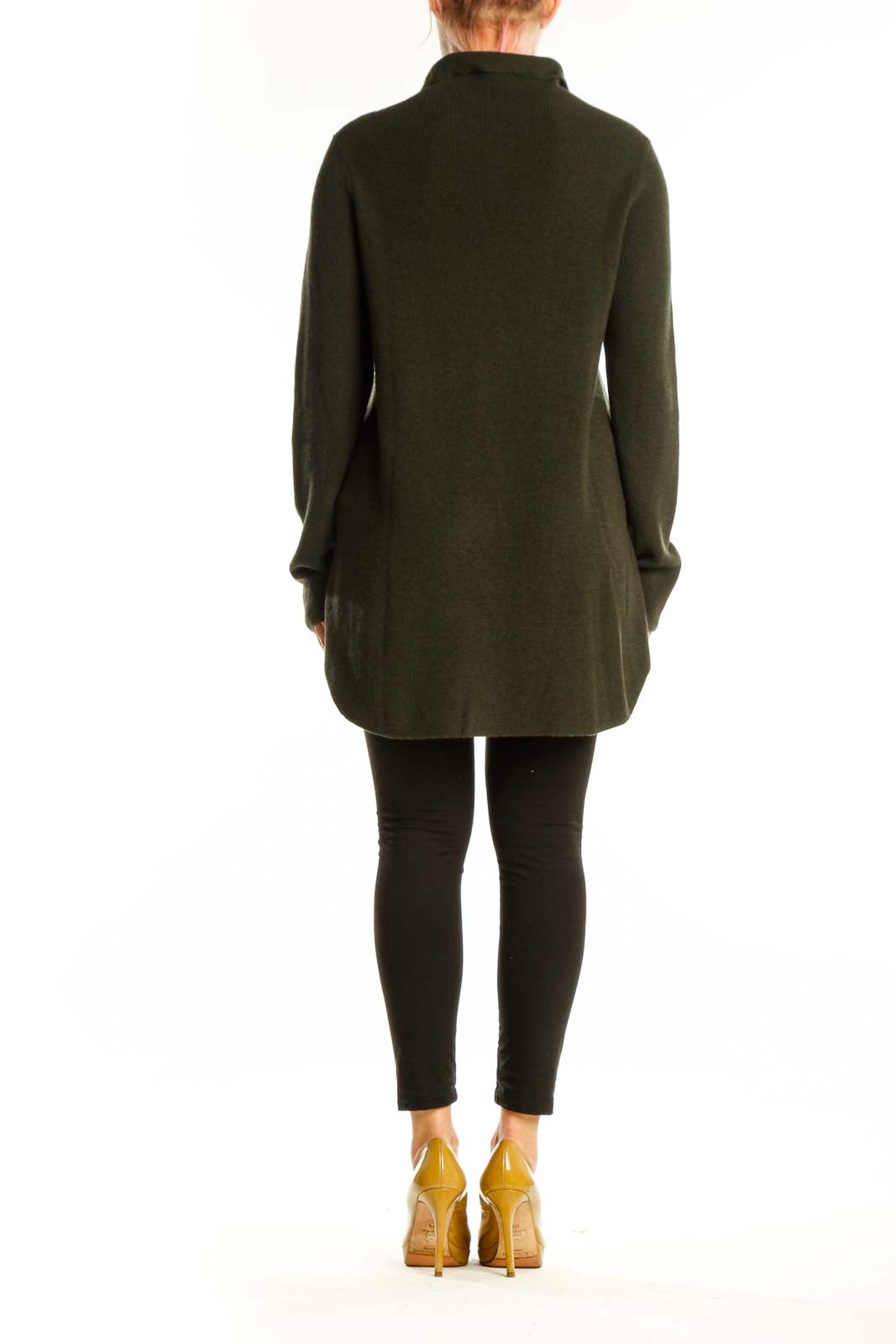 Olive green merino wool turtleneck sweater back view showing relaxed tunic length silhouette