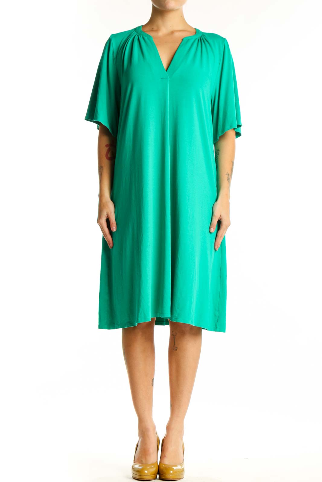 Front view of teal rayon A-line shift dress with V-neckline and gathered shoulder details