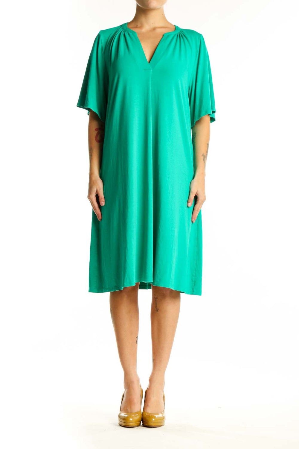 Front view of teal rayon A-line shift dress with V-neckline and gathered shoulder details