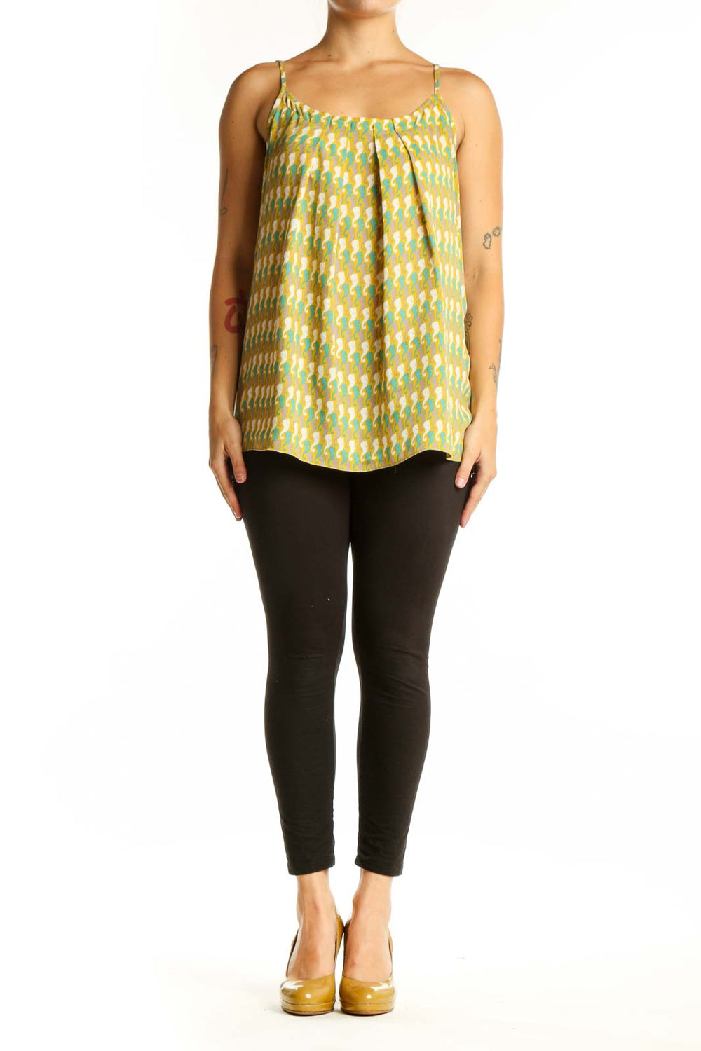 Yellow geometric print cami tank top with green and cream diamond pattern, spaghetti straps, and scoop neckline
