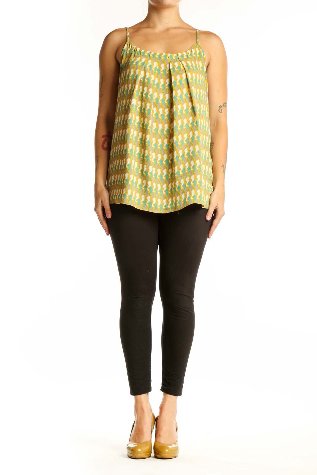 Yellow geometric print cami tank top with green and cream diamond pattern, spaghetti straps, and scoop neckline