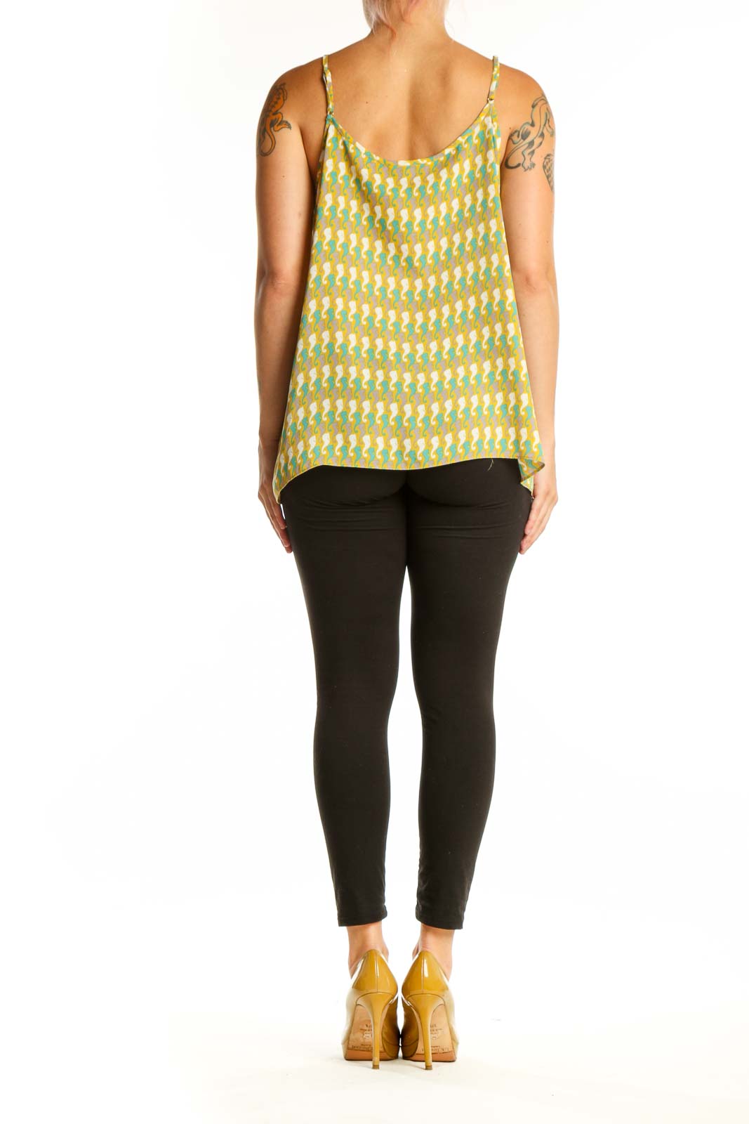 Back view of yellow geometric print cami tank top showing relaxed A-line fit and draped silhouette