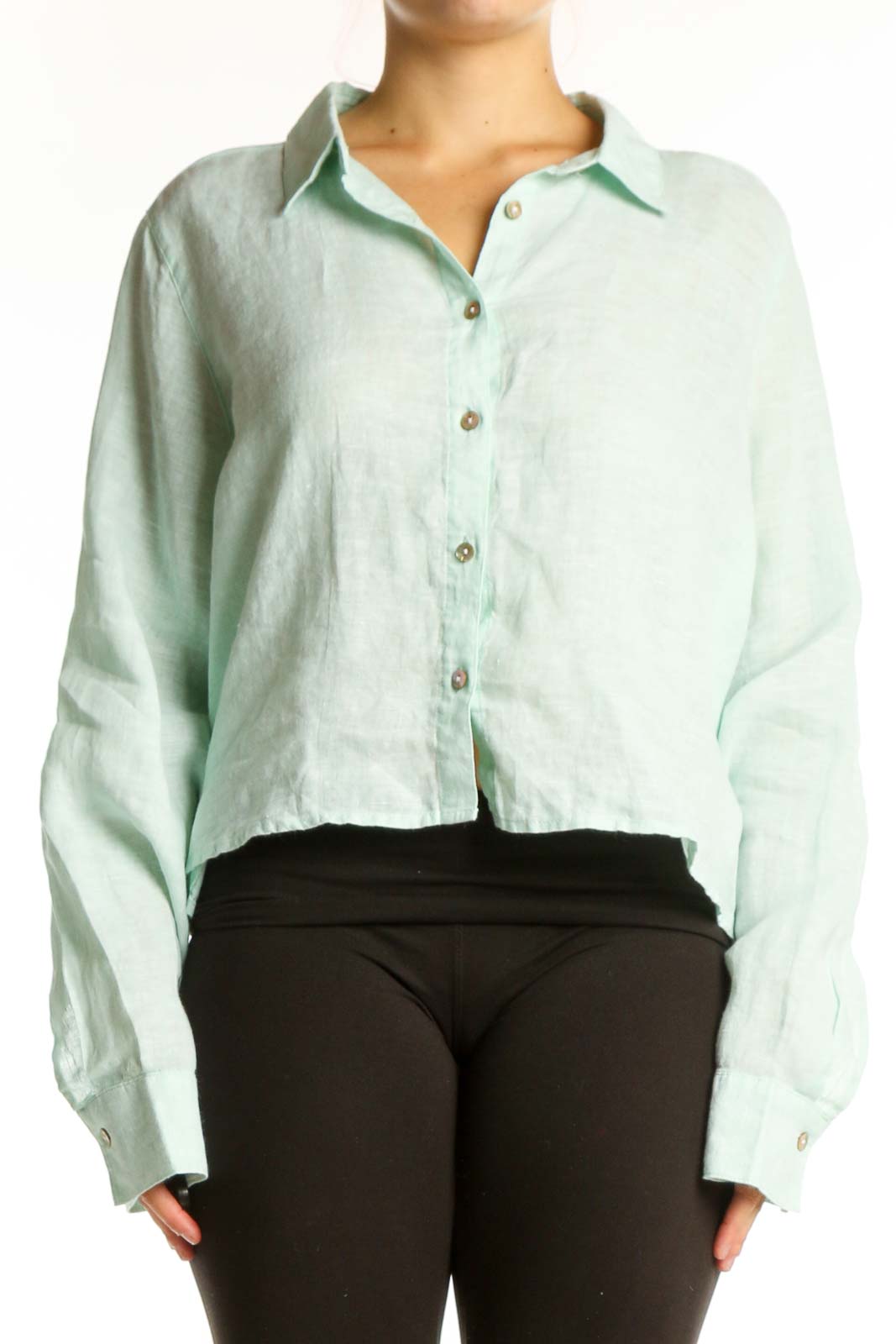 Mint green linen button-up crop shirt by Cynthia Rowley, front view showing cropped silhouette and collar detail