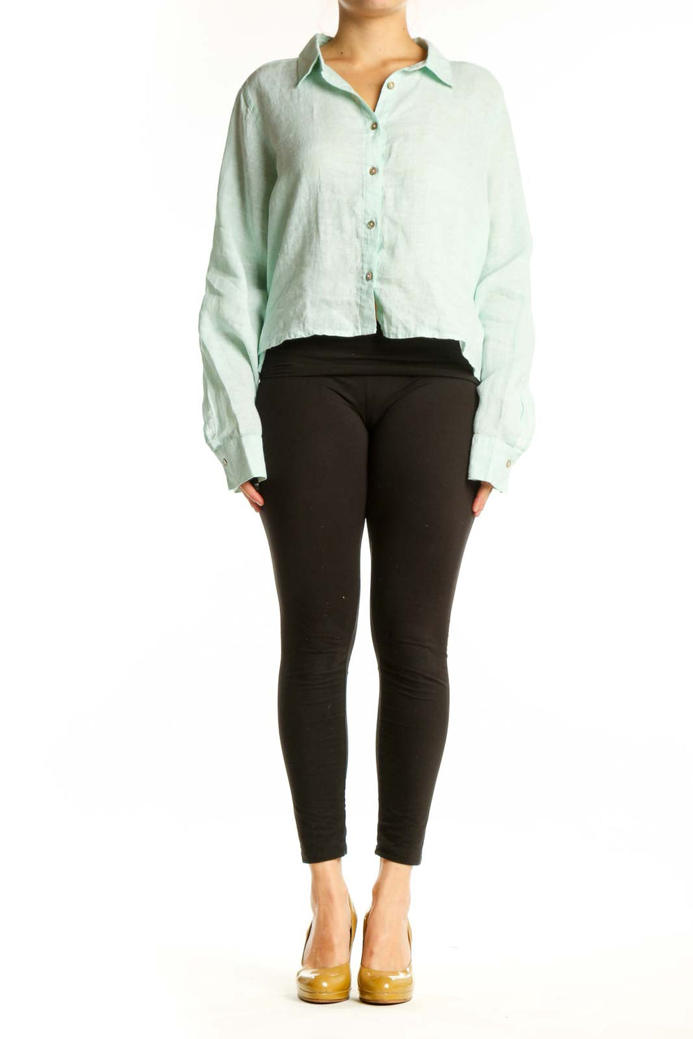 Mint green linen button-up crop shirt by Cynthia Rowley, front view showing cropped silhouette and collar detail