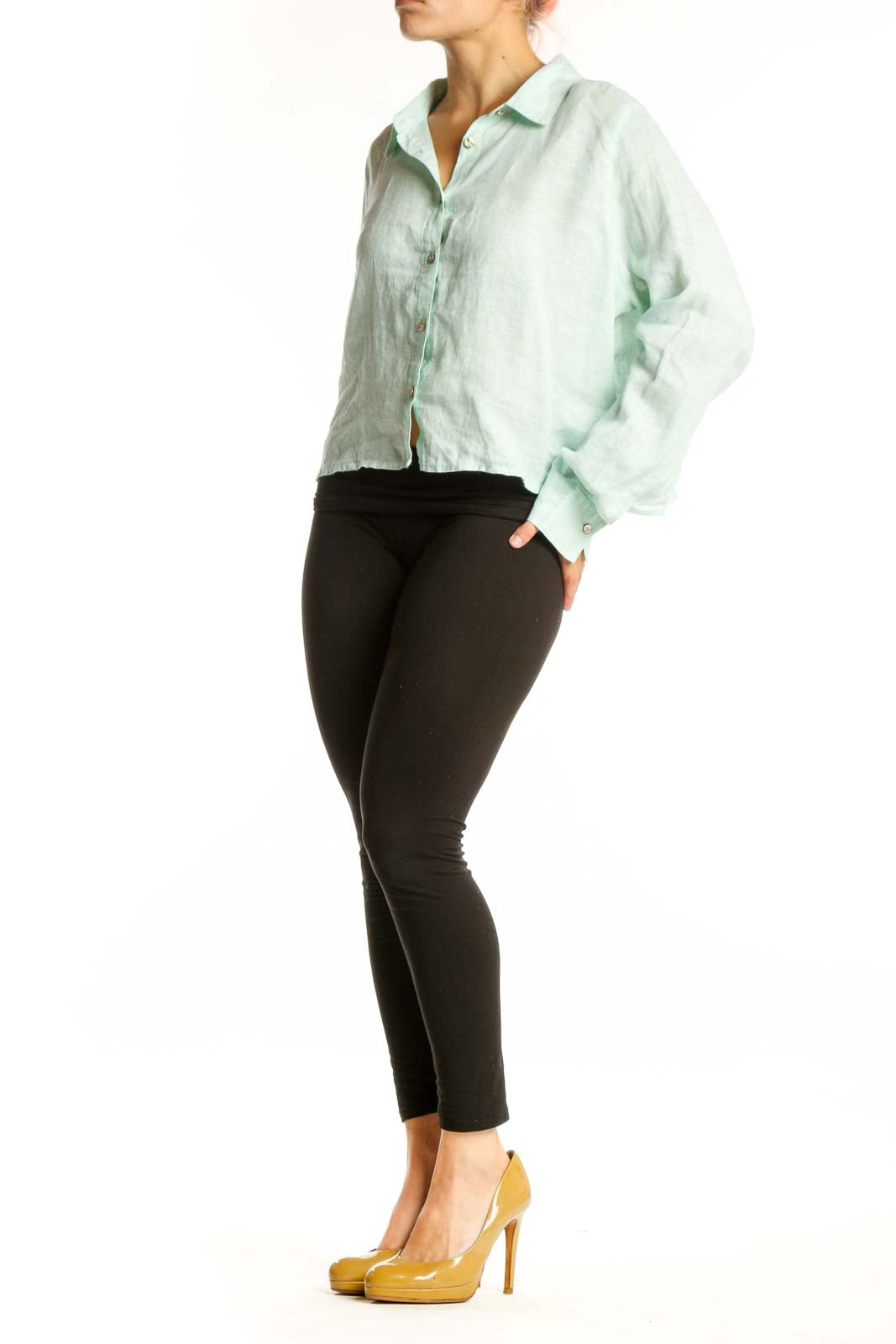 Mint green linen button-up crop shirt by Cynthia Rowley, front view showing cropped silhouette and collar detail