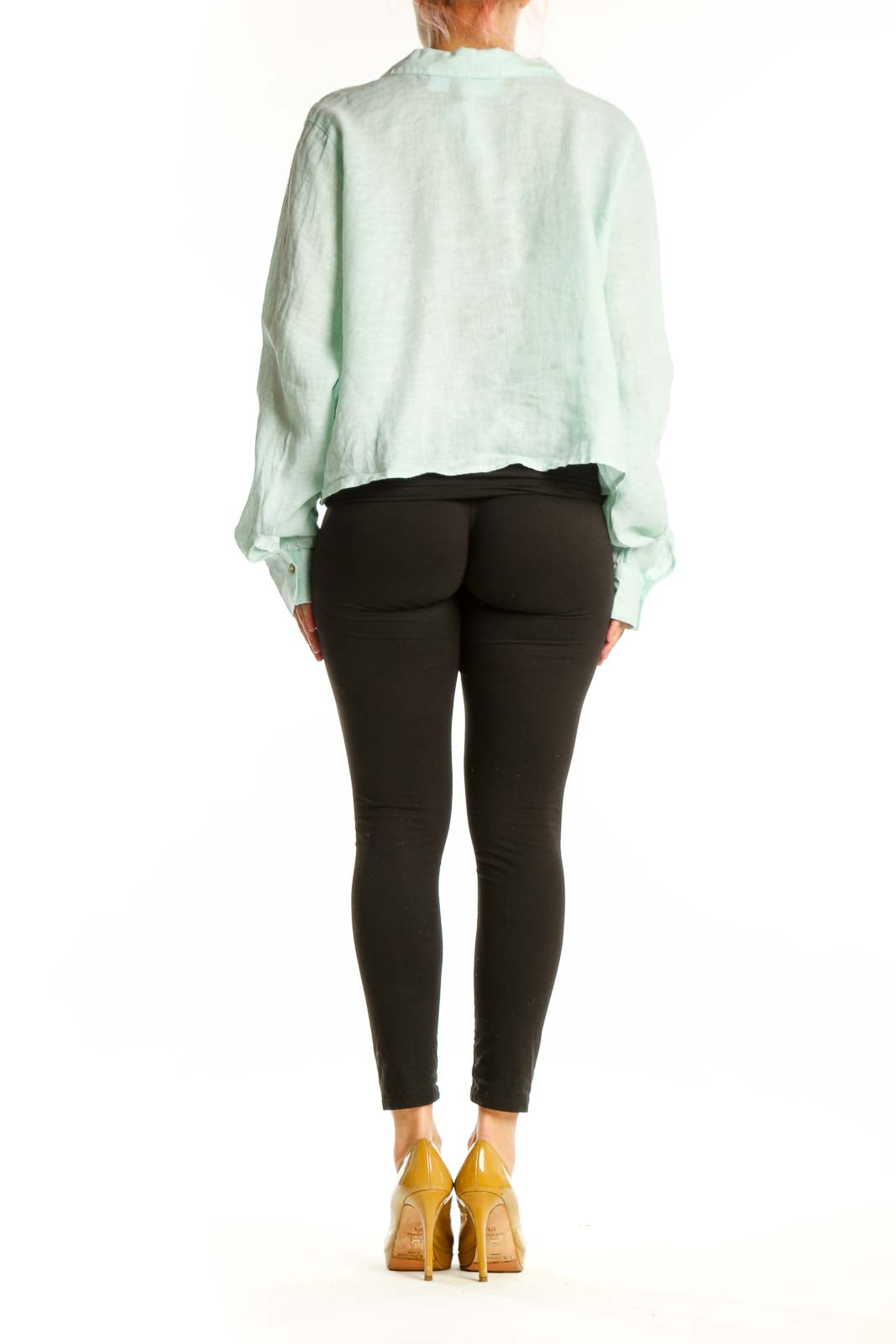 Mint green linen button-up crop shirt by Cynthia Rowley, back view displaying relaxed fit and full-length sleeves