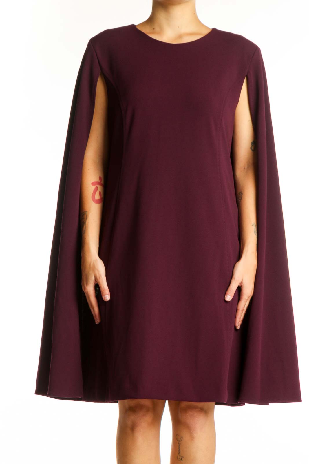 Burgundy cape sleeve A-line dress by Calvin Klein, front view showing elegant draping and crew neckline