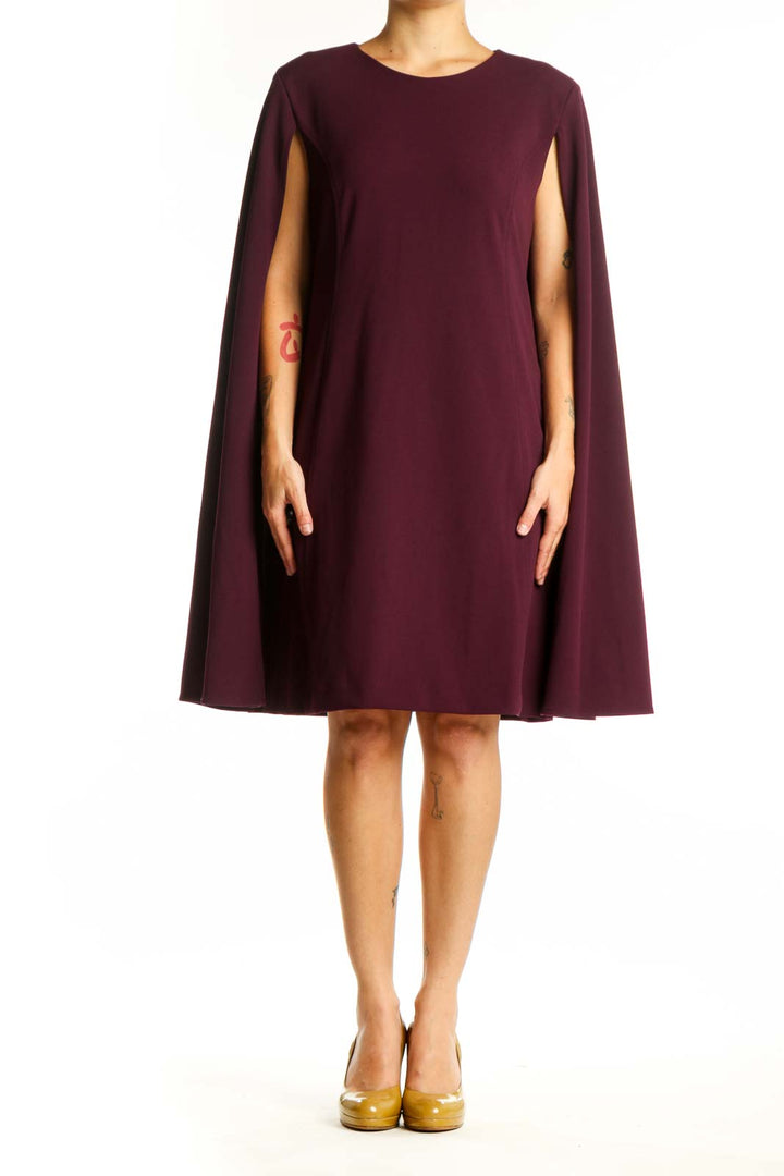 Burgundy cape sleeve A-line dress by Calvin Klein, front view showing elegant draping and crew neckline