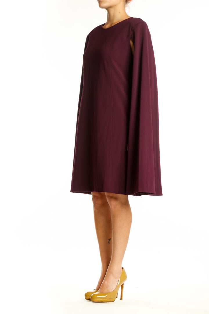 Burgundy cape sleeve A-line dress by Calvin Klein, front view showing elegant draping and crew neckline