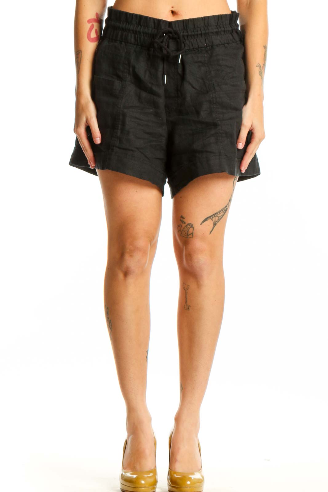 Black drawstring athletic shorts with elastic waistband and side pockets, front view