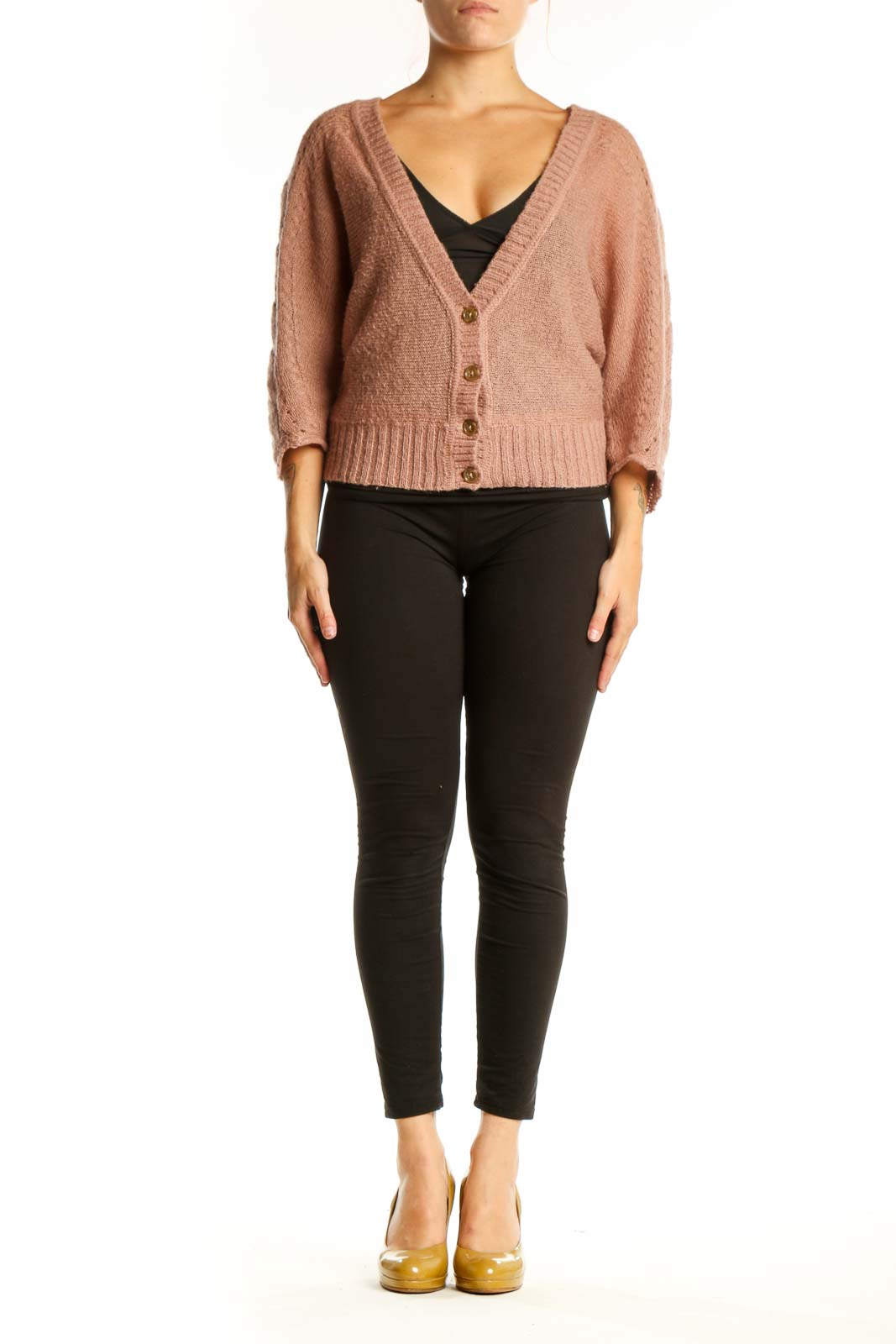 Beige mohair blend cardigan with V-neckline and button-front closure, worn over black top