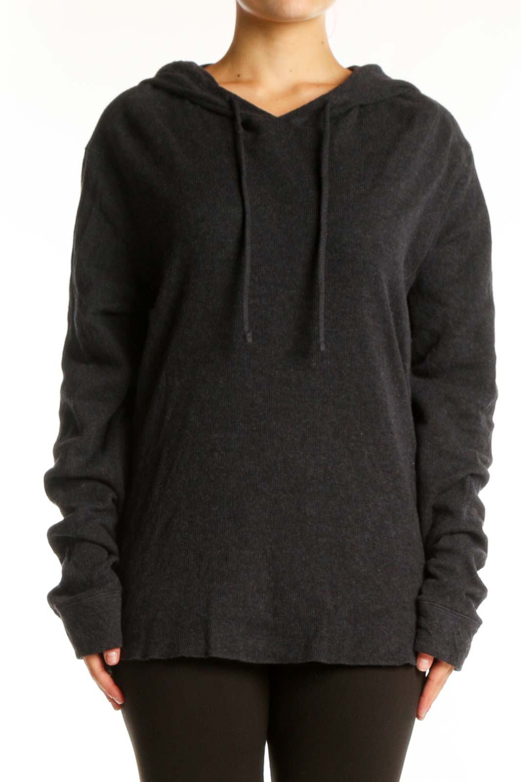 Charcoal cotton knit hoodie pullover with v-neck and drawstring hood, front view