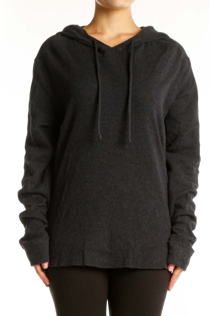 Charcoal cotton knit hoodie pullover with v-neck and drawstring hood, front view