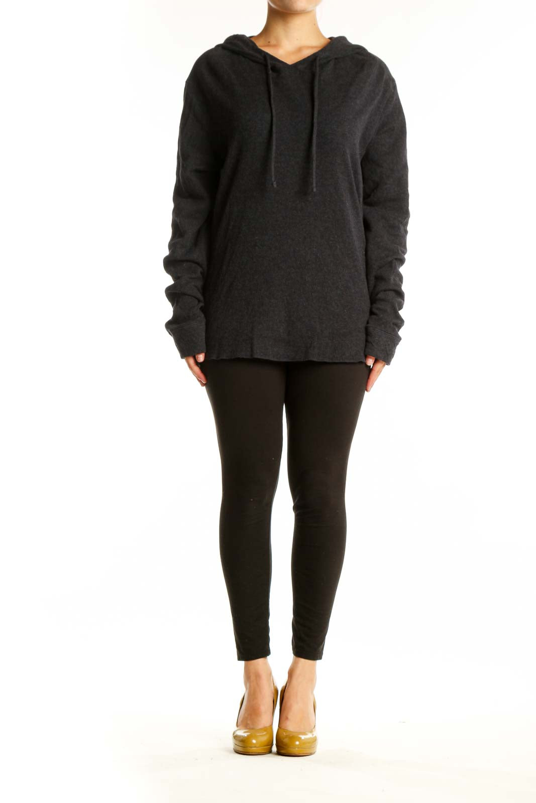 Charcoal cotton knit hoodie pullover with v-neck and drawstring hood, front view