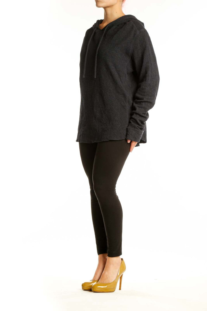 Charcoal cotton knit hoodie pullover with v-neck and drawstring hood, front view