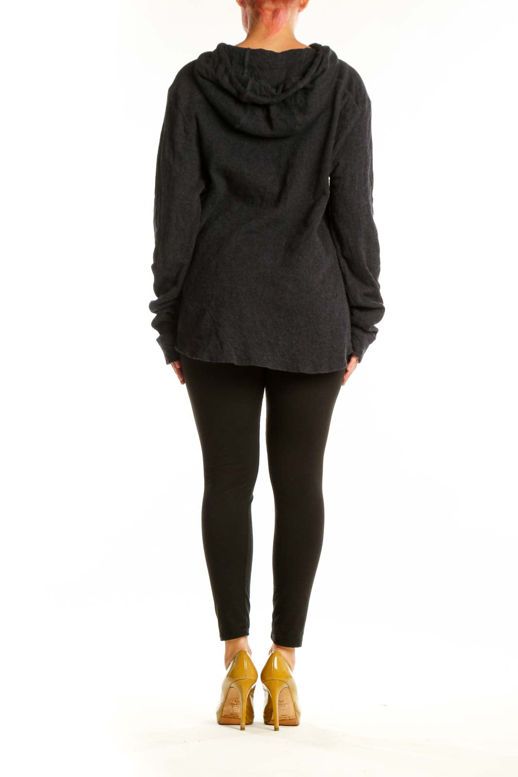 Charcoal cotton knit hoodie pullover with v-neck and drawstring hood, back view