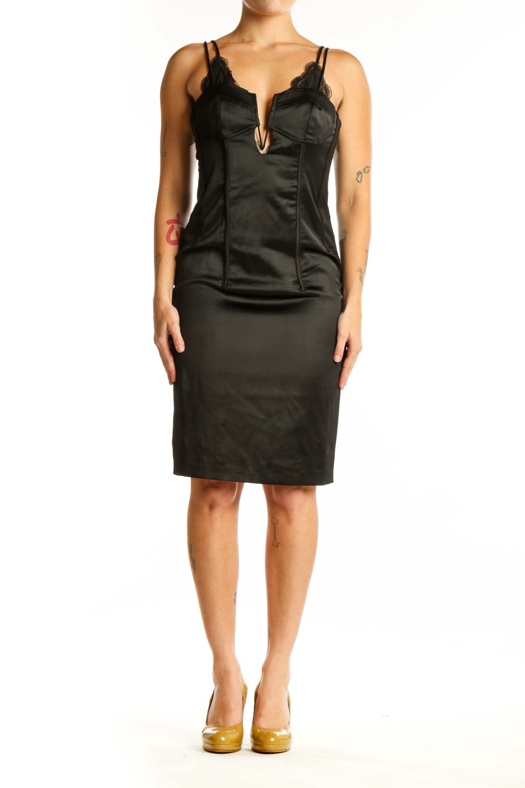 Black lace camisole cocktail dress with V-neckline and fitted bodice by Bardot