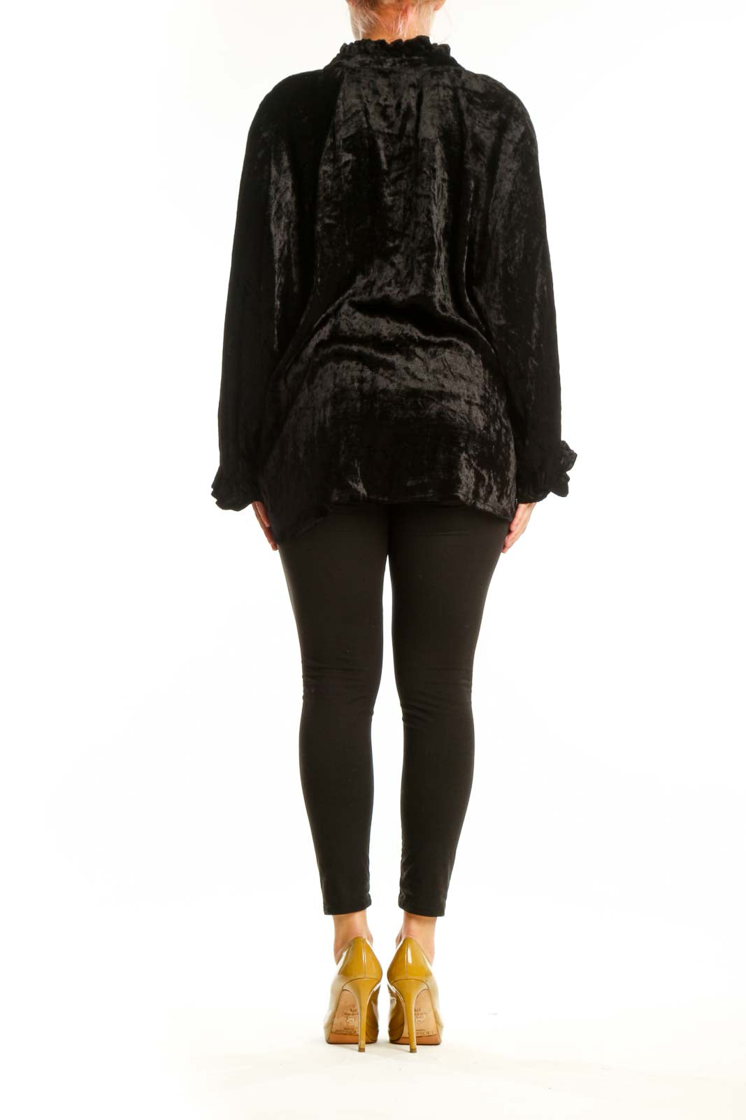Black crushed velvet button-up blouse with ruffled collar and gathered sleeves, back view