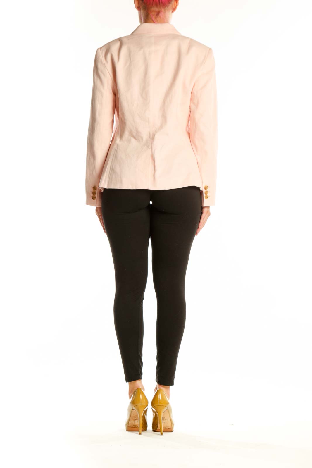 Blush pink Banana Republic blazer back view showing tailored silhouette and fit