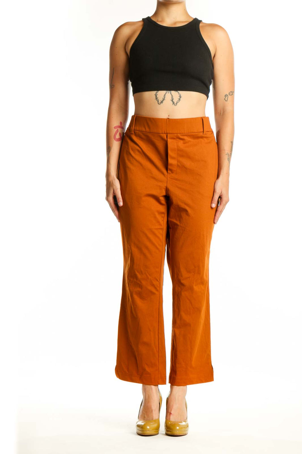 Front view of orange cropped polyester pants by Lands' End, size L, featuring high-waisted design and modern silhouette