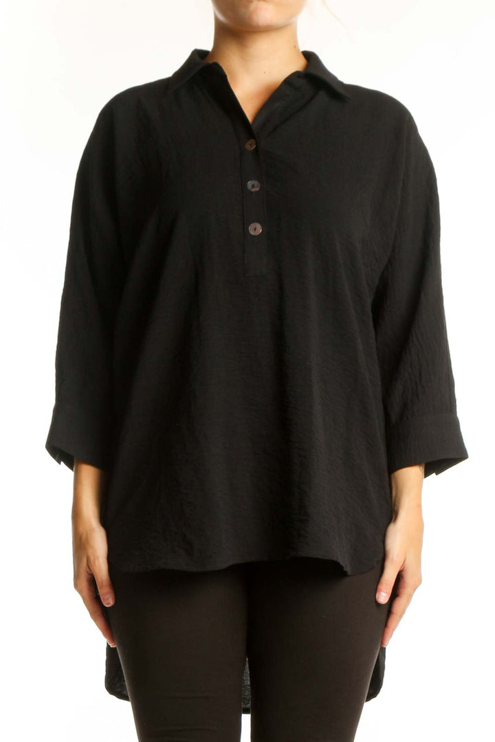 Black collared button-up tunic top with three-quarter sleeves and relaxed fit, front view